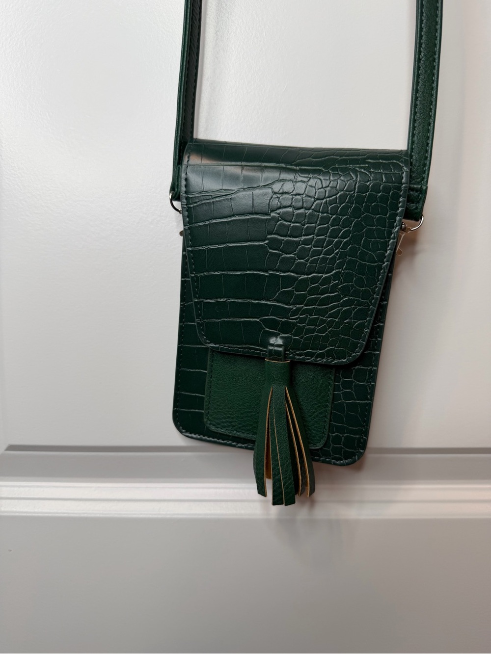 Dark Green Crossbody Phone Bag with Tassel Accent